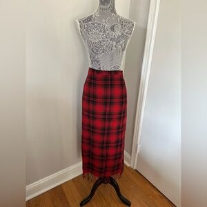 VTG 90s Wool Blend Maxi Skirt Sz:12 Fringe Ends Red Black Tartan Plaid. Lined